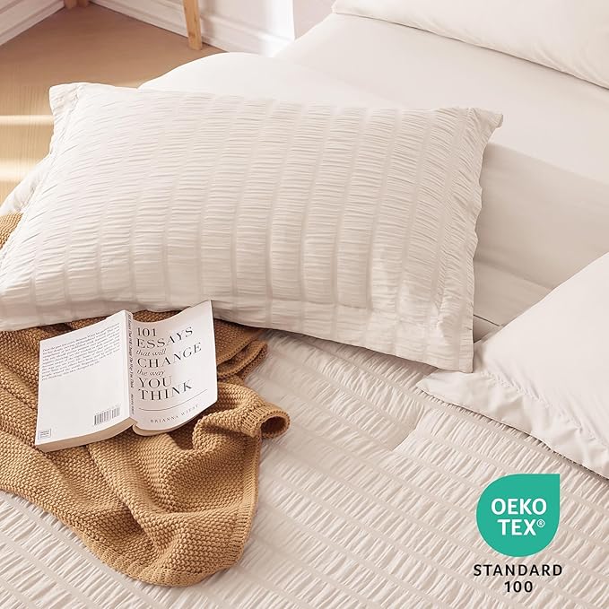 MUXHOMO 5 Pieces Twin Comforter Set, Seersucker Bed in a Bag Twin Size, All Season Luxury Bedding Set with Comforter, Flat Sheet, Fitted Sheet, Pillowcase & Sham, Beige