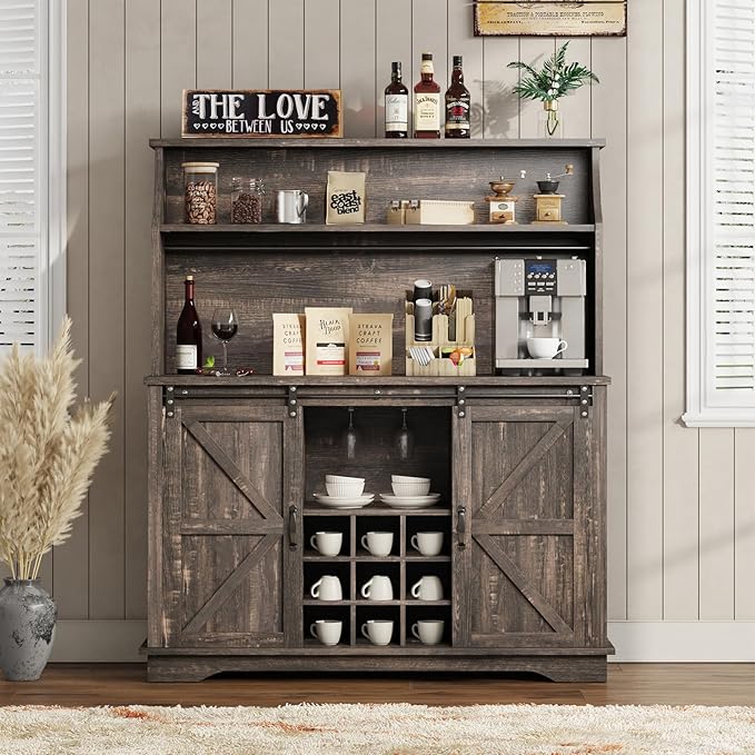 47 Inch Farmhouse Coffee Bar Cabinet with 3-Tier Storage, Coffee Bar Hutch with 9 Wine Racks, 3 Glass Holders, 6 Hooks, Kitchen Storage Cabinets for Dining Living Room, Oak