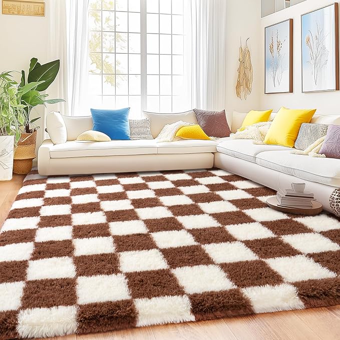 Checkered Rugs for Bedroom, 4x6 Ultra Fluffy Fuzzy Shag Area Rug for Living Room, Modern Plush Soft Upgrade Non-Slip Carpet for Kid Girls and Boys Room Dorm Nursery Home Decor, Cream and Coffee