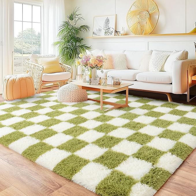 Checkered Rug for Living Room 8x10, Ultra Fluffy Fuzzy Shag Large Area Rug for Bedroom, Modern Plush Soft Upgrade Non-Slip Carpet for Kids Girls and Boys Room Dorm Home Decor, Cream and Green