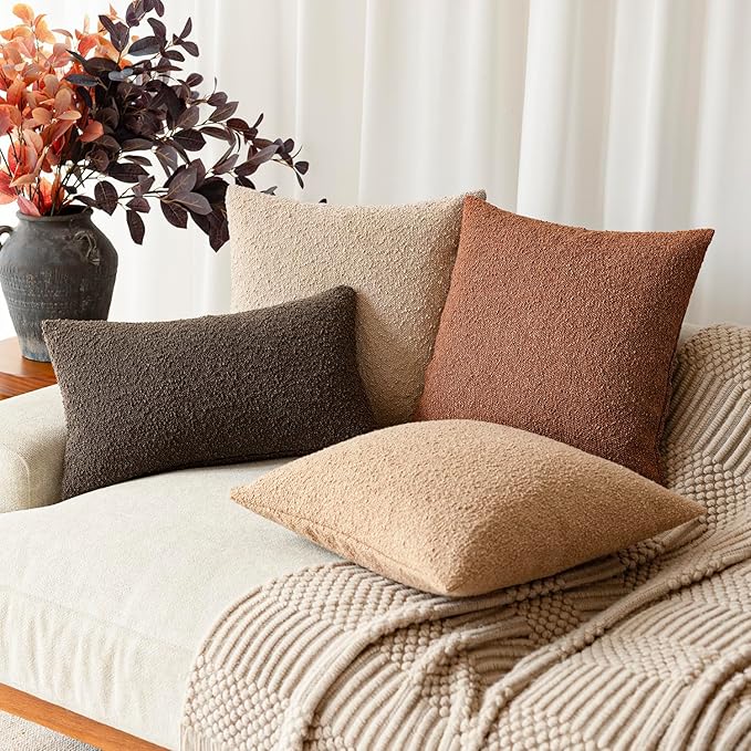 Foindtower Set of 2, Decorative Textured Boucle Throw Pillow Covers Accent Solid Pillow Cases Neutral Couch Cushion Case for Chair Sofa Bedroom Living Room Home Decor 26x26 Inch Burnt Orange Hazel