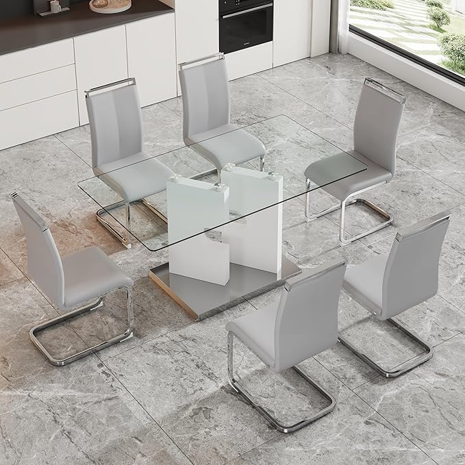 Glass Dining Table Set of 6, 63'' Dinner Room Glass Table Set for 6, Modern Kitchen Dinner Table Set with 6 Upholstered Faux Leather Dining Chairs, White Table+light Grey Chairs