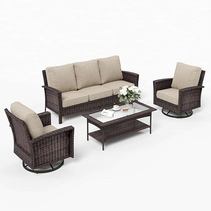 4 Pieces Patio Furniture Set with Swivel Chairs, High Back Wicker Rattan Sofa with Extra Thick Cushion and Coffee Table, Outdoor Conversation Set for Garden Backyard Deck,Beige