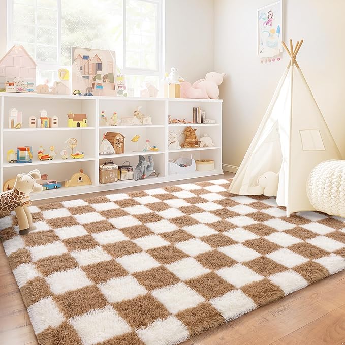 Checkered Rugs for Bedroom, 4x6 Ultra Fluffy Fuzzy Shag Area Rug for Living Room, Modern Plush Soft Upgrade Non-Slip Carpet for Kids Girls and Boys Room Dorm Nursery Home Decor, Cream and Camel