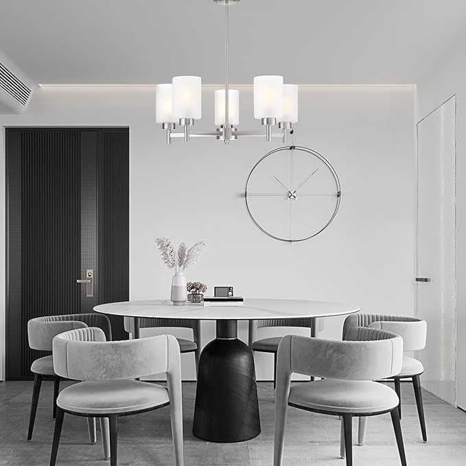 Doraimi Lighting 5 Light Chandelier Frosted Glass Shade Classic Style Ceiling Pendant Light Fixture Brushed Nickel Finish for Meeting Room Dining Room Over Table Living Room