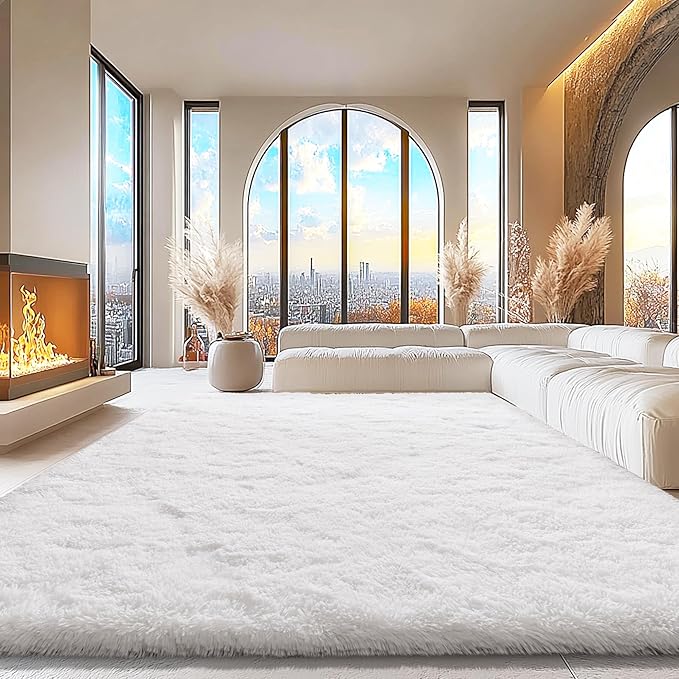 9x12 Area Rugs for Living Room, White Fluffy Shaggy Rug Soft Carpets, Big Rugs for Bedroom Nursery Kids Room Dorm Home Decor Aesthetic
