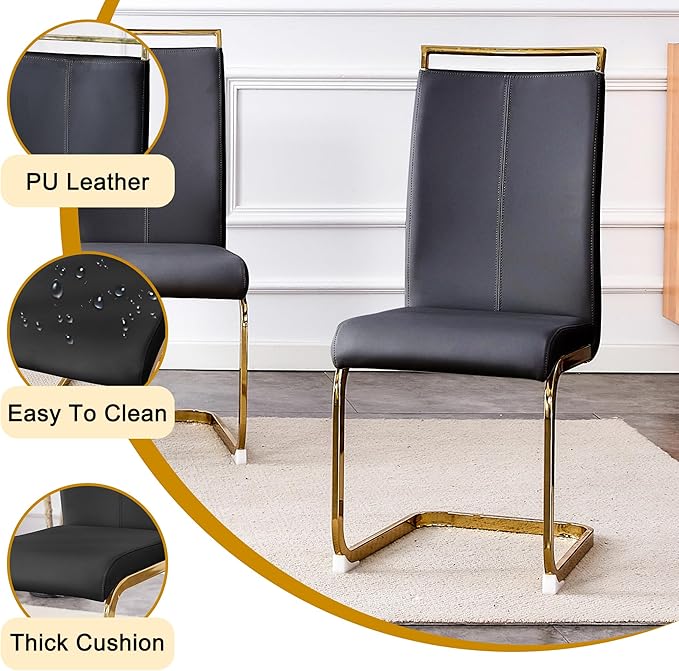 63” Faux Marble Dining Table Set for 6,Black Dining Room Table Set for 6, Rectangle Kitchen Table Set with PU Leather Chairs,Gold Dinner Table Set with Tempered Glass Top and Gold Base