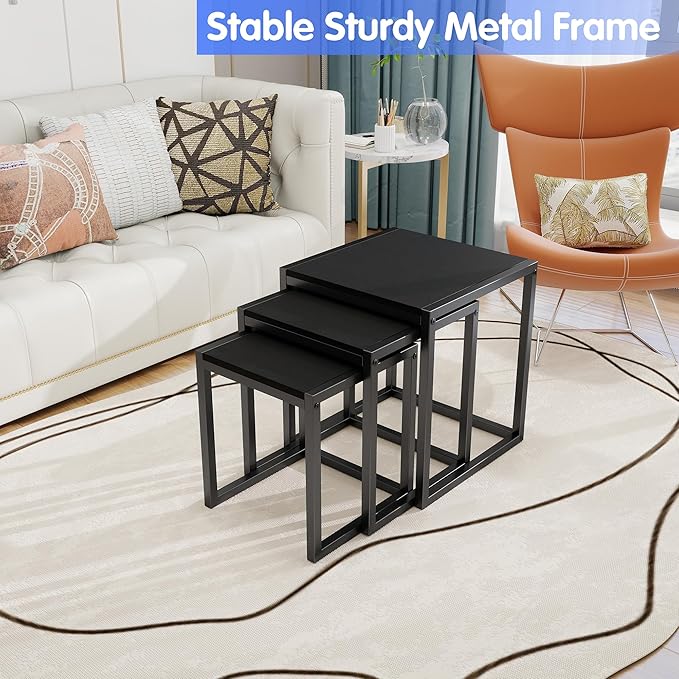 Nesting Table Set of 3 Side Tables, Modern Coffee Table Stacking End Table with Metal Frame,Black