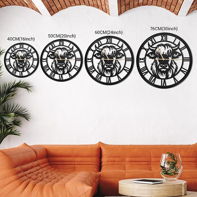 16inch Wall Clocks Battery Operated, Large Slient Black Metal Decorative Wall Clock,Wall Clocks for Living Room Decor,Bedroom, Kitchen, Dining Room (Highland Bull Wall Clock, 16 Inch)
