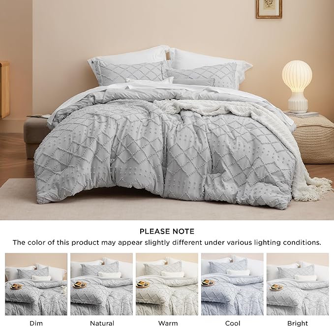 Bedsure Twin Comforter Set - Light Grey Comforter, Boho Tufted Shabby Chic Bedding for Kids, 2 Pieces Vintage Farmhouse Bed Set for All Seasons, Fluffy Soft Bedding with 1 Pillow Sham