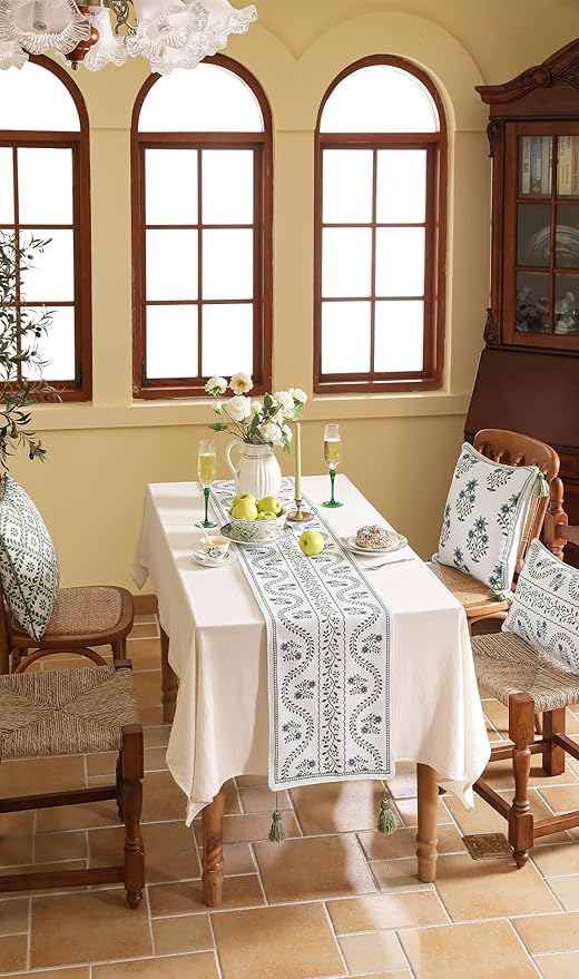 Designer White Elegant Linen Table Runner 102 Inches Long,Chinoiserie Floral Decor Durable Table Runners for Dining Tables,Thanksgiving,Kitchen Tables,Christmas,12"*102"-Mosella D