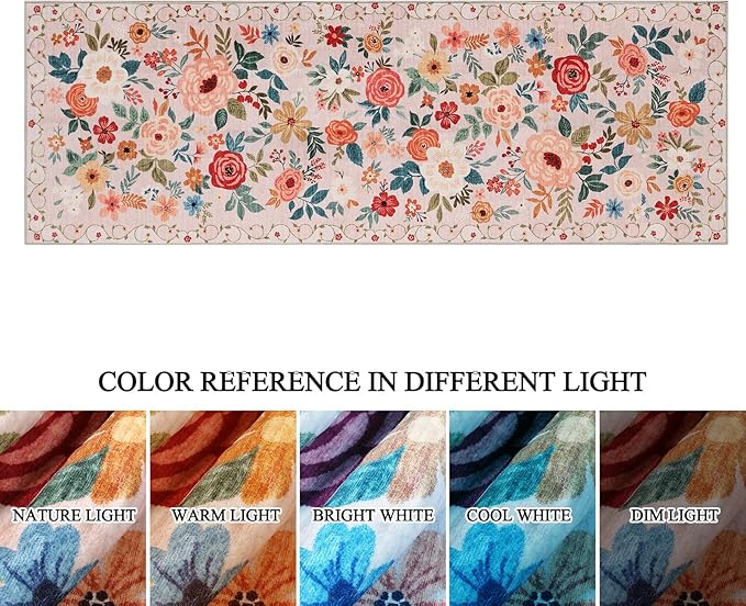 DUKINO 2x6 Runner Rug for Hallway, Washable Kitchen Runner Rug with Non Slip Backing, Low Pile Soft Boho Floral Runner for Kitchen, Hallway, Entryway, Laundry, Bedroom, Beige