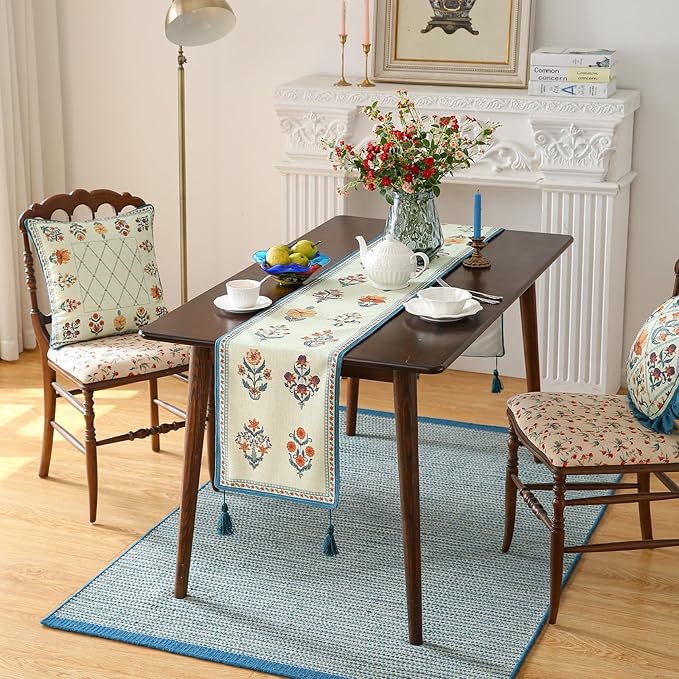 ISAENNE Designer Light Green Linen Extra Long Table Runner 118 Inches,French Floral Patterns Elegant Table Runner for Dining Tables,Thanksgiving,Kitchen Tables,Christmas,12"*118"-Floralsea B