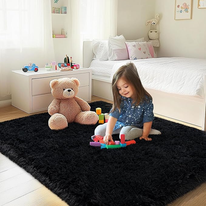 Black Area Rug for Bedroom, 3x5 Rugs for Living Room Nursery Kids Room Dorm Home Decor Aesthetic, Fluffy Shaggy Rug with 4 Anti-Slip Carpet Tapes