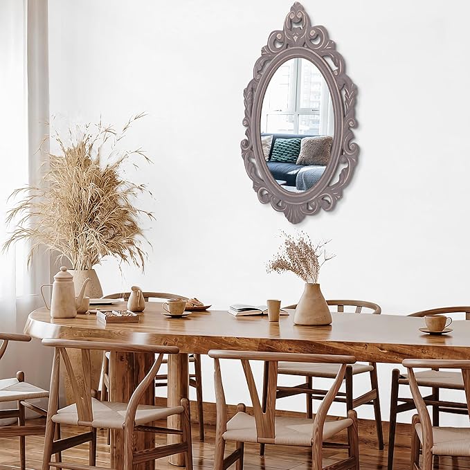 Brown Wooden Frame Wall Mirror Oval Vintage Mirrors Carved Hanging Mirror Decorative for Wall Baroque Style Rustic Aesthetic Mirror for Wall Home Living Room Bedroom Entryway Decor 28"x20"