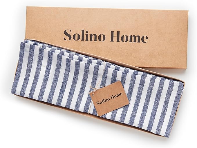 Solino Home Linen Placemats Set of 4 - Amalfi Stripe Navy and White Placemats 14 x 19 Inch - 100% Pure Linen Place Mats for Fall, Autumn, Thanksgiving, Christmas, Holiday