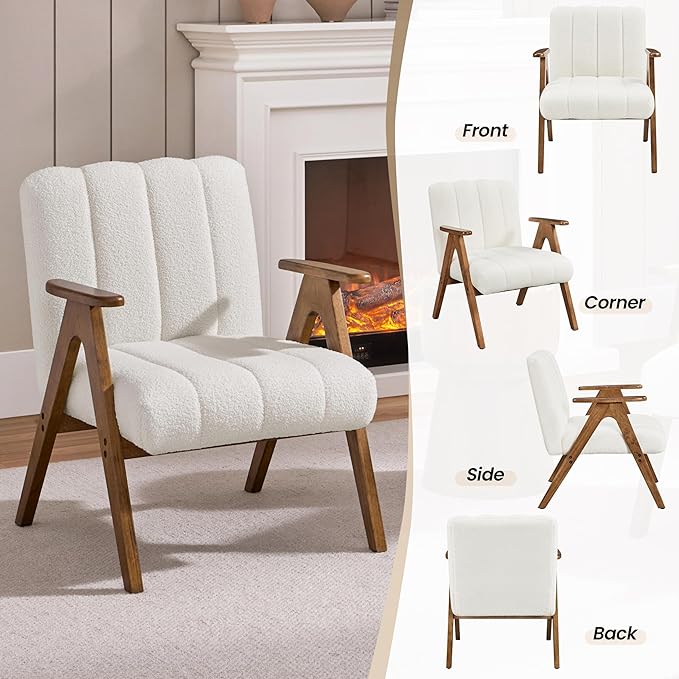 Yaheetech Boucle Fabric Mid Century Accent Chair Set of 2, Modern Upholstered Living Room Chairs with Solid Wood Legs, Reading Armchair for Small Spaces Bedroom