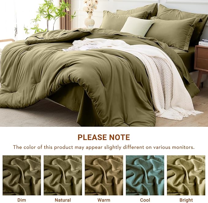 MUXHOMO 7 Pieces Queen Comforter Set, Soft Bed in a Bag Queen Size, All Season Bedding Set with Comforter, Flat Sheet, Fitted Sheet, Pillowcases & Shams, Olive Green