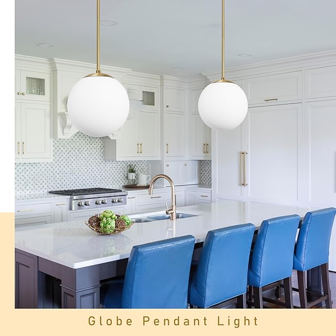 13.7" Globe Pendant Light 3-light Gold Mid Century Modern Light Fixture Milk Glass Pendant Light Globe Pendant Lights Kitchen Island Brushed Brass Finished with Milk Glass Lampshade for bedroom