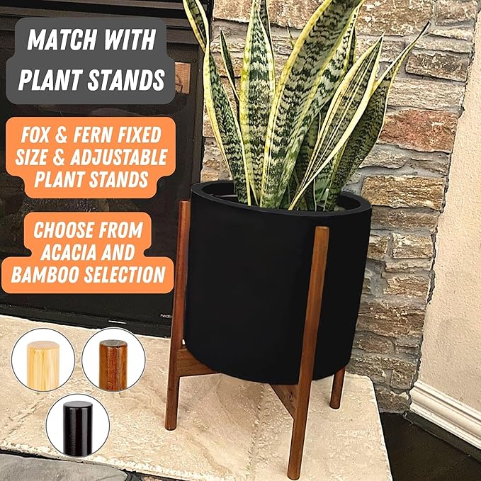 Fox & Fern Large 12 Inch Black Plant Pot — Premium Lightweight Fiberstone Matte Black Planter w Drainage Plug; Large Indoor & Outdoor Planter; 12 Inch Pots for Plants; Weather Resistant & UV Resistant