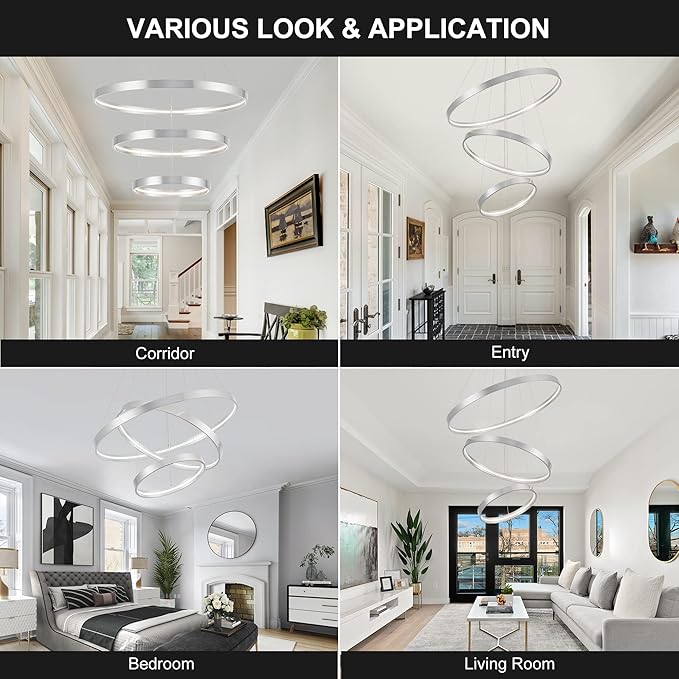 Modern Led Chandeliers, Dimmable Contemporary LED Chandeliers 3 Rings, Hanging Led Modern Pendant Light Fixture for Living Dining Room Kitchen Foyer Entryway Brush Nickel-3000K/4000K/6000k