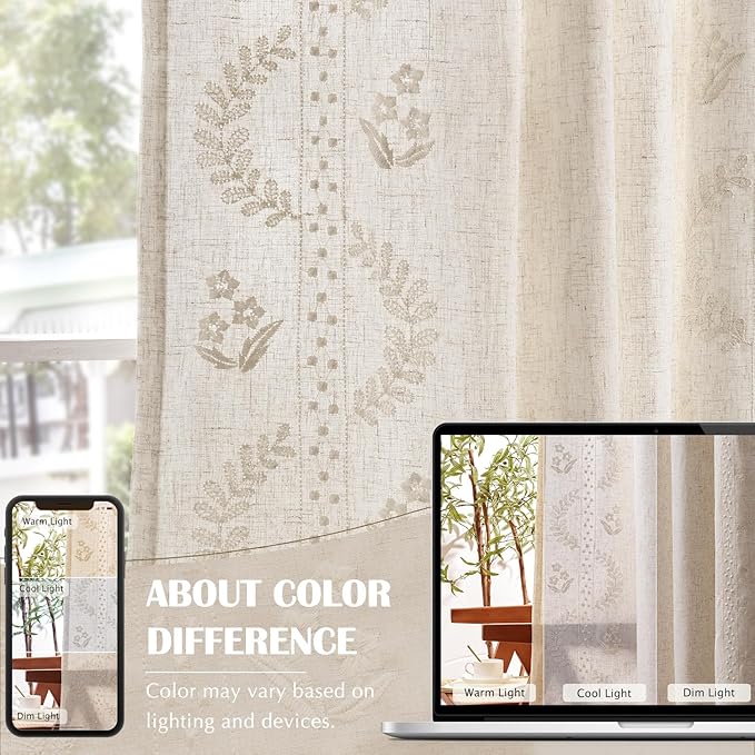 jinchan Belrose Lined Linen Blend Curtains Boho Floral Curtains for Bedroom 96 Inch Length Ivory Embroidered Drapes Rod Pocket Farmhouse Flower Drapes for Living Room Window Treatments Set 2 Panels