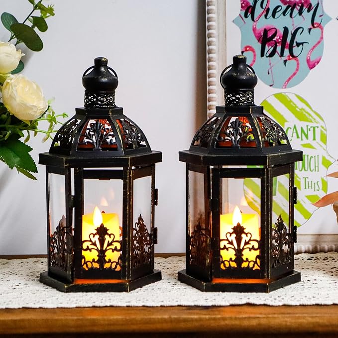 TRIROCKS Set of 2 Vintage Decorative Lanterns 9.5" H Hanging Lantern Metal Candleholder with Tempered Glass for Indoor Outdoor Home Decor Parties Garden Events Wedding(Black with Gold Brush)