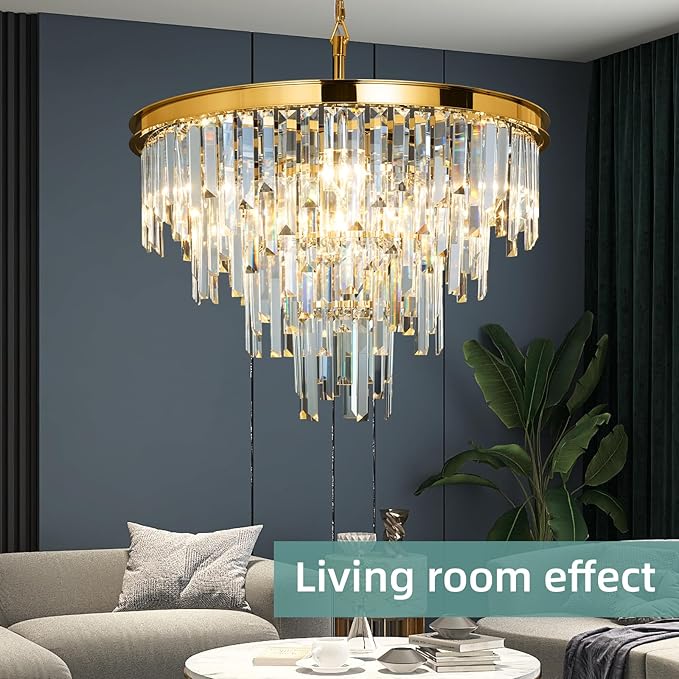 Gold Top K9 Crystal Chandelier Modern Lighting Fixture, 9 Lights Round K9 Crystal Adjustable Hanging Lamp for Dining Room Bedroom Living Room,Hallway,Bar,Kitchen W24''