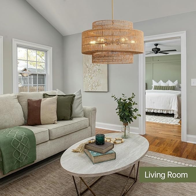 24” Boho Large Rattan Chandelier Light Fixture,6-Light Large Hand Woven Pendant Light Fixture Farmhouse Rustic Chandeliers for Kitchen Bedroom, Dining Room, Living Room, Hallway, Foyer