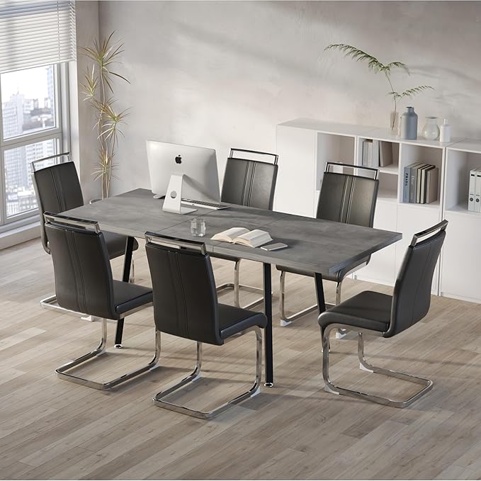 7 Piece Dining Table Set for 6-8,55-71" Extendable Dining Table Set with 6 Upholstered Chairs,Rectangle Kitchen Table Set for Small Space,Dining Room and Office,Grey
