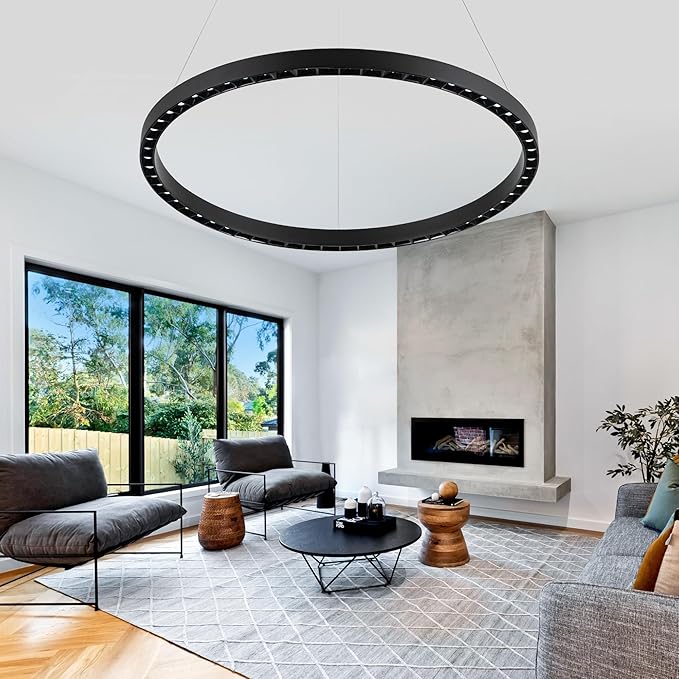 Black Modern LED Chandelier 1-Ring Circular Pendant Light 6000K 36W Dimmable Hanging Light Fixtures for Dining Room Kitchen Island Bedroom Living Room Foyer Stairway