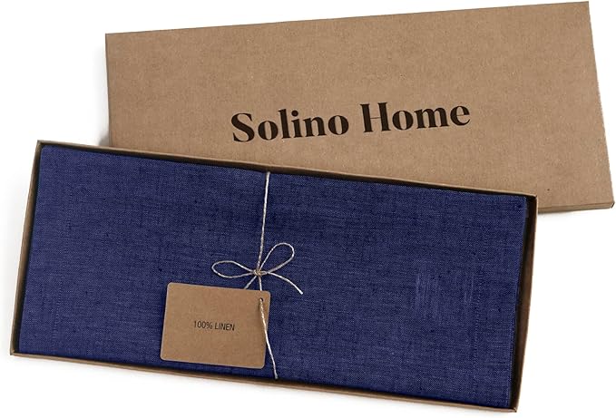 Solino Home Linen Table Runner 90 Inches Long - Athena, 100% Pure Linen Chambray Navy 14 x 90 Inch Table Runner for Dining, Fall, Autumn, Thanksgiving, Holiday