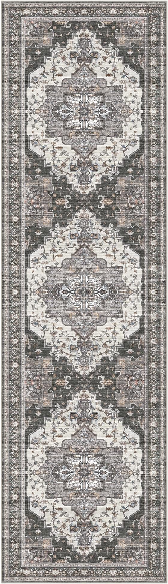 GENIMO 2X7 Hallway Runner Rug, Machine Washable Non Slip Vintage Floral Patchwork Runners, Thin Low Pile Chenille Carpet Runners for Entryway, Kitchen, Bathroom, Bedroom, Slate Gray
