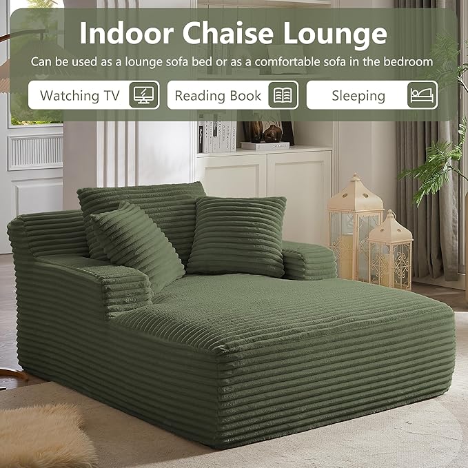 GNIXUU Oversized Boneless Chaise Lounge Chair Indoor, Comfy Fluffy Lounge Sofa Upholstered Sleeper Sofa Couch with Throw Pillows and Armrests, Corduroy Plush Cloud Chair for Living Room, Olive Green