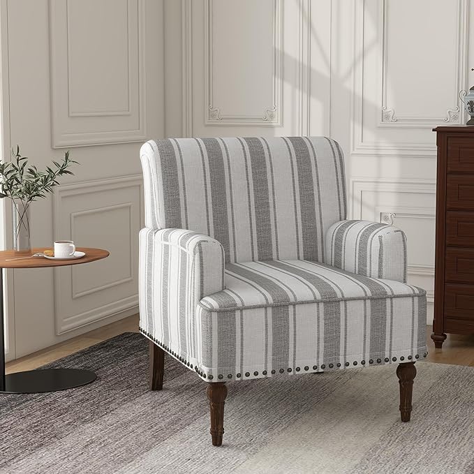 Lumibee Modern Accent Chair with Arms,Mid Century Stripe Armchair for Living Room,Comfy Linen Fabric Single Sofa for Apartment Bedroom,Comfortable Cushioned Seat for Reading Home Office-Gray Stripe