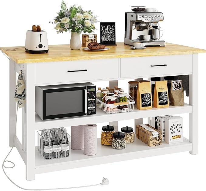 47.3" Solid Rubberwood Kitchen Island with Power Outlets - Extra Large Work Surface, 2 Drawers & Open Shelves Storage Cabinet for Kitchen Dining Room, Farmhouse Style (White)