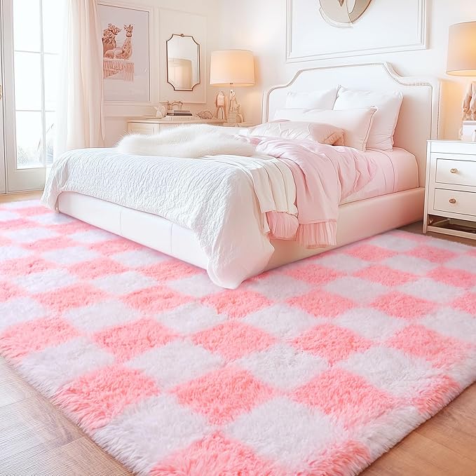 Checkered Rugs for Bedroom, 4x6 Ultra Fluffy Fuzzy Shag Area Rug for Living Room, Modern Plush Soft Upgrade Non-Slip Carpet for Kids and Girls Room Dorm Nursery Home Decor, Pink and White
