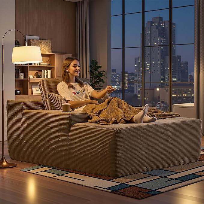 Chaise Lounge Chair Indoor, 67" Oversized Comfy Corduroy Sleeper Sofa Bed with Cup Holders and Wide Armrests, Boneless Upholstered Recliner Bed, Modern Cloud Couch for Living Room, Camel