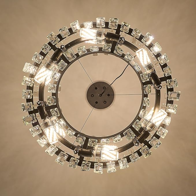 Round Crystal Chandeliers, D19.7 inch 12-Light Black Chandelier Lighting Fixture, Height Adjustable Pendant Ceiling Light for Living Room Dining Room Bedroom