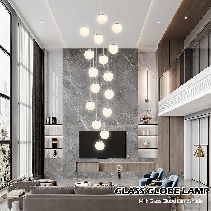 KoKo&Yukina 16-Light Nickel Mid Century Modern Chandelier for Living Room Staircase Chandelier for Entryway Globe Milky White Glass Pendant Light High Ceiling Chandeliers Foyer (Bulb & Remote Incl.)