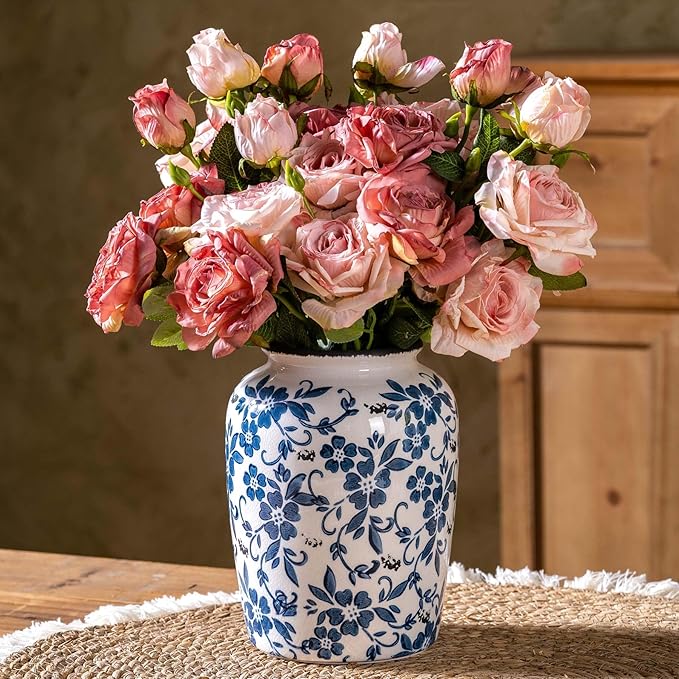 Blue and White Vintage Vase, Ceramic Chinoiserie Floral Vases, Retro Ice Cracked Round Farmhouse Rustic Large Flower Vases for Home Decor Centerpieces, Living Room, Bookshelf, Office 7.8 Inch