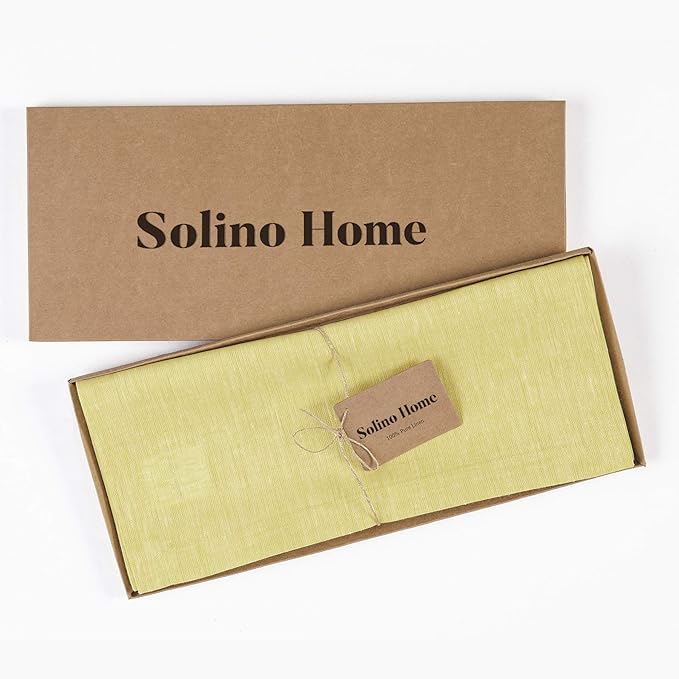 Solino Home Linen Small Table Runner 60 Inches - Athena, 100% Pure Linen Chambray Yellow Table Runner 14 x 60 Inch Ideal for Dresser and Coffee Tables