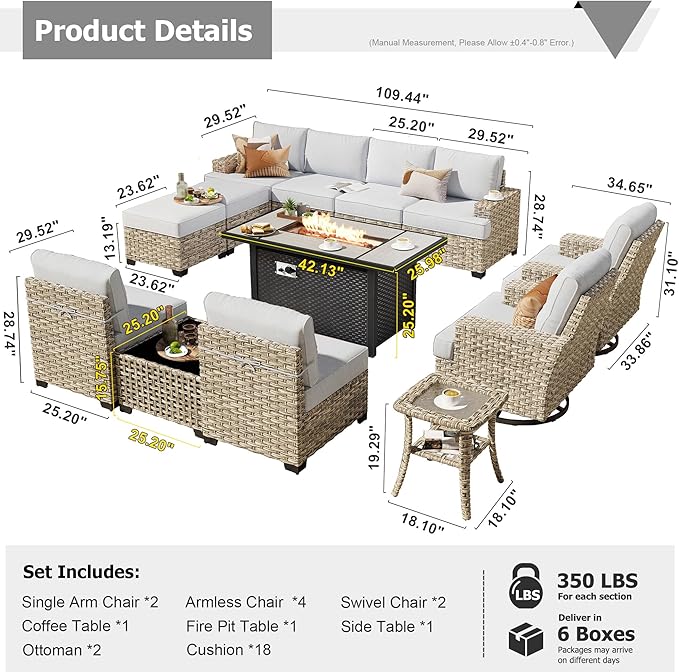 HOOOWOOO Outdoor Sectional Patio Furniture Set with Fire Pit Table,13 Pieces Wicker Conversation Sets L Shaped Couch,Extra Deep Out Door Sofa Outside Furniture with Swivel Chairs Ottomans,Light Gray