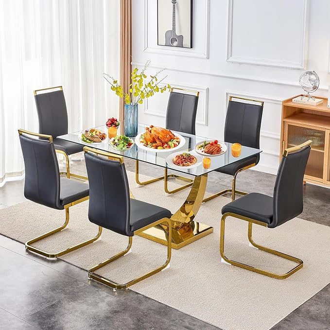 63” Glass Dining Table Set for 6,Gold Dining Room Table Set for 6,Modern Kitchen Table and PU Leather Chairs for 6, Dinner Table with Rectangle Tempered Glass Top and Golden Base