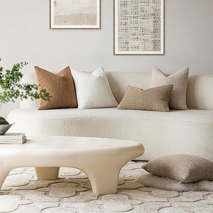 Foindtower Set of 2, Decorative Textured Boucle Throw Pillow Covers Accent Solid Pillow Cases Neutral Soft Cozy Couch Cushion Case for Chair Sofa Bedroom Living Room Home Decor 16 x 16 Inch White