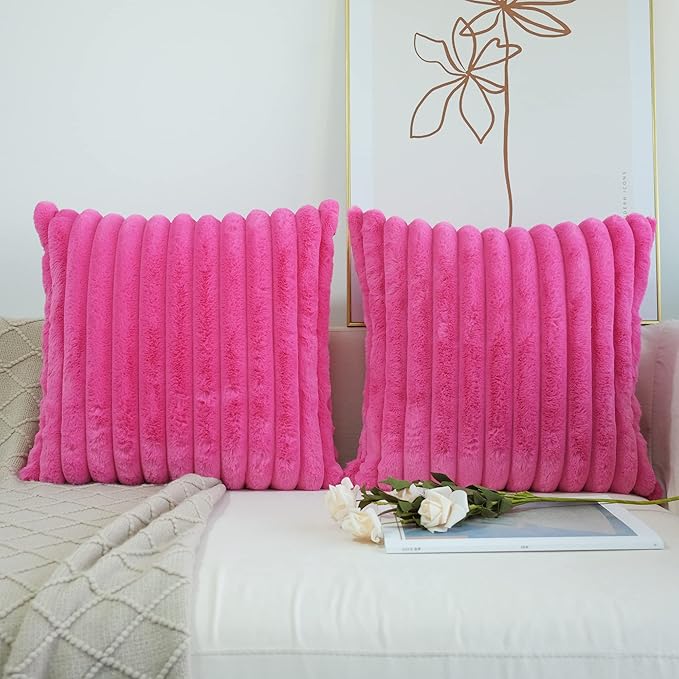 JOJUSIS Pack of 2 Faux Fur Plush Decorative Throw Pillow Covers Couch Cushion Case Soft Pillowcases (Hot Pink, 18 x 18-Inch)