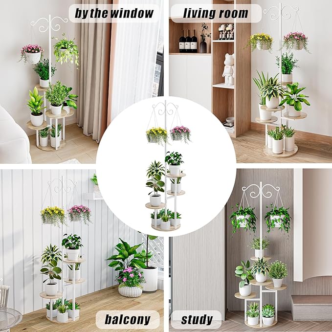 Plant Stand Indoor 5 Tier 8 Potted with hook hanging basket Multiple Flower Pot Holder for Patio Garden Balcony Living Room Corner (5 Tier with hook White+Sonoma Oak)
