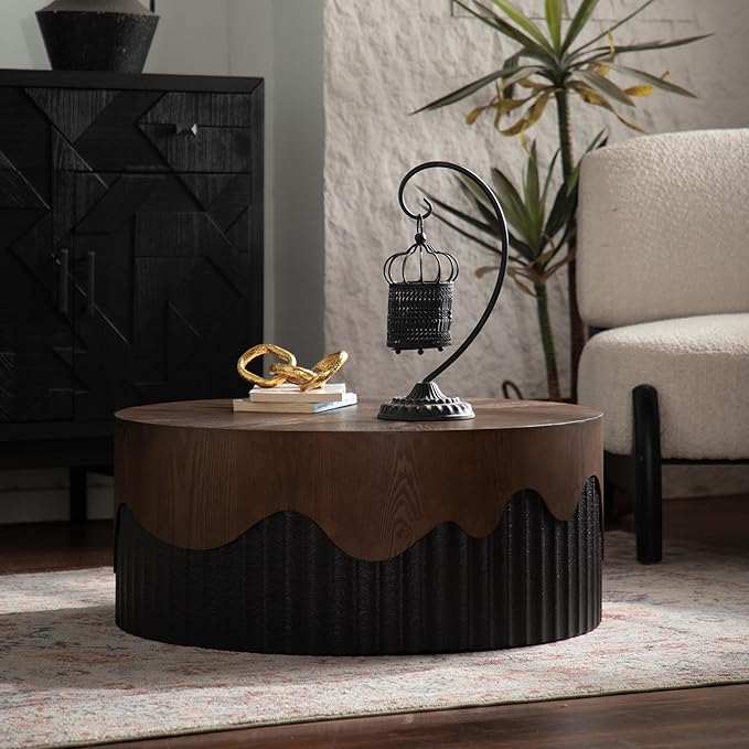 Round Coffee Table, 30.31" Circle Accent End Table, Morden Drum Side Table, Fluted Wooden Center Table for Living Room, Fully Assembled - Walnut and Black