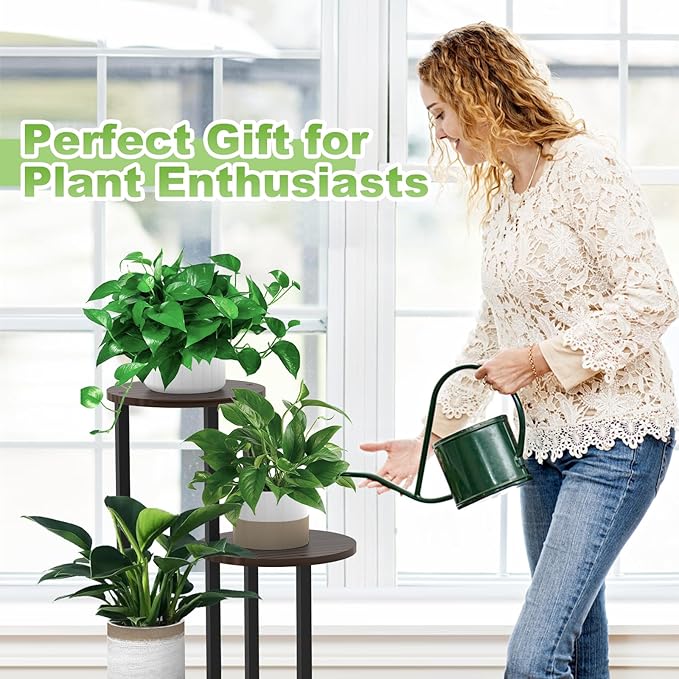 4 Tier Wood Tall Plant Stand Metal Rack Indoor, Multiple Flower Pot Holder Shelves Corner Rack, Round Planter Shelf Display Rack Storage Organizer for Patio Living Room Balcony(Black Oak)