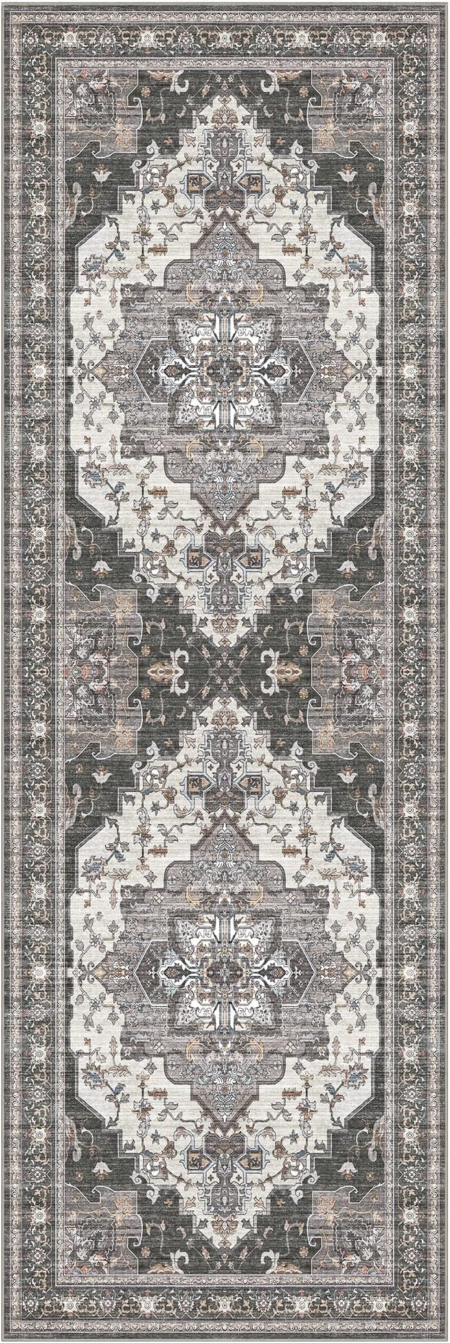 GENIMO 2X6 Hallway Runner Rug, Machine Washable Non Slip Vintage Floral Patchwork Runners, Thin Low Pile Chenille Carpet Runners for Entryway, Kitchen, Bathroom, Bedroom, Slate Gray